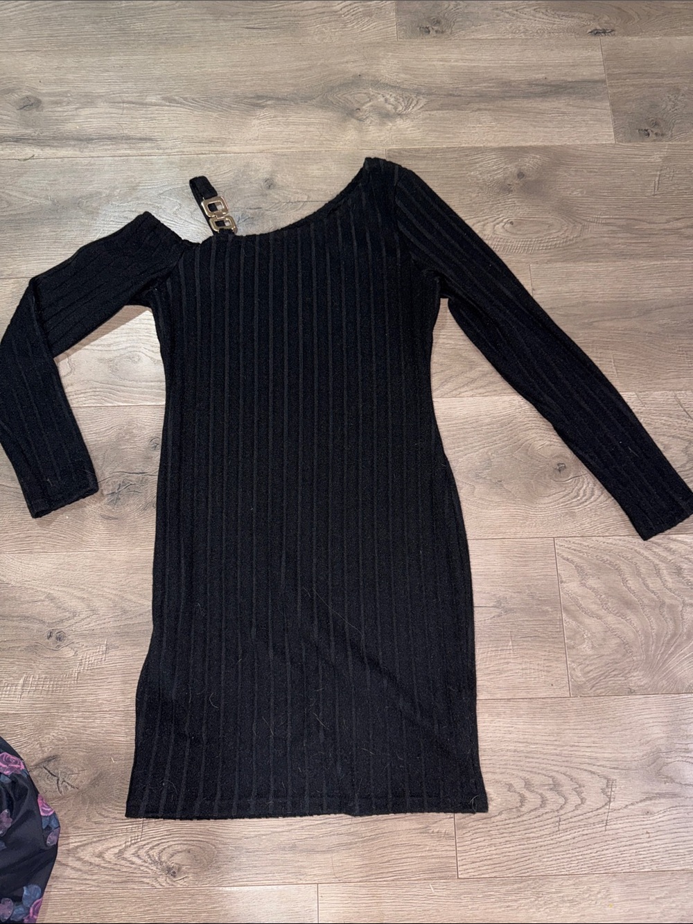 Black Ribbed One-Shoulder Long Sleeve Dress